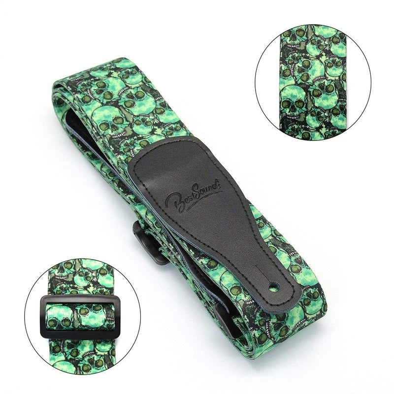 BestSounds Skull Guitar Strap & Genuine Leather Ends Guitar Shoulder Strap,Suitable For Bass, Electric & Acoustic Guitars (Skull Green) - Image 2